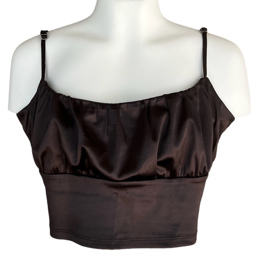 Divided H&M Cropped Draped Satin-Look Top Brown Size L - Picture 2 of 11